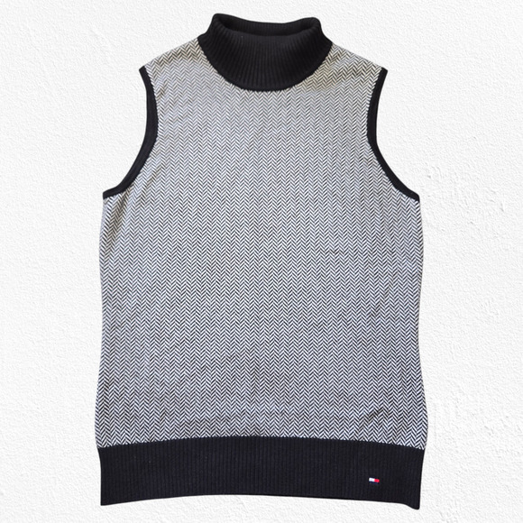 Tommy Hilfiger Black White Herringbone Turtleneck Golf Sweater Vest Size Medium - Picture 1 of 10
